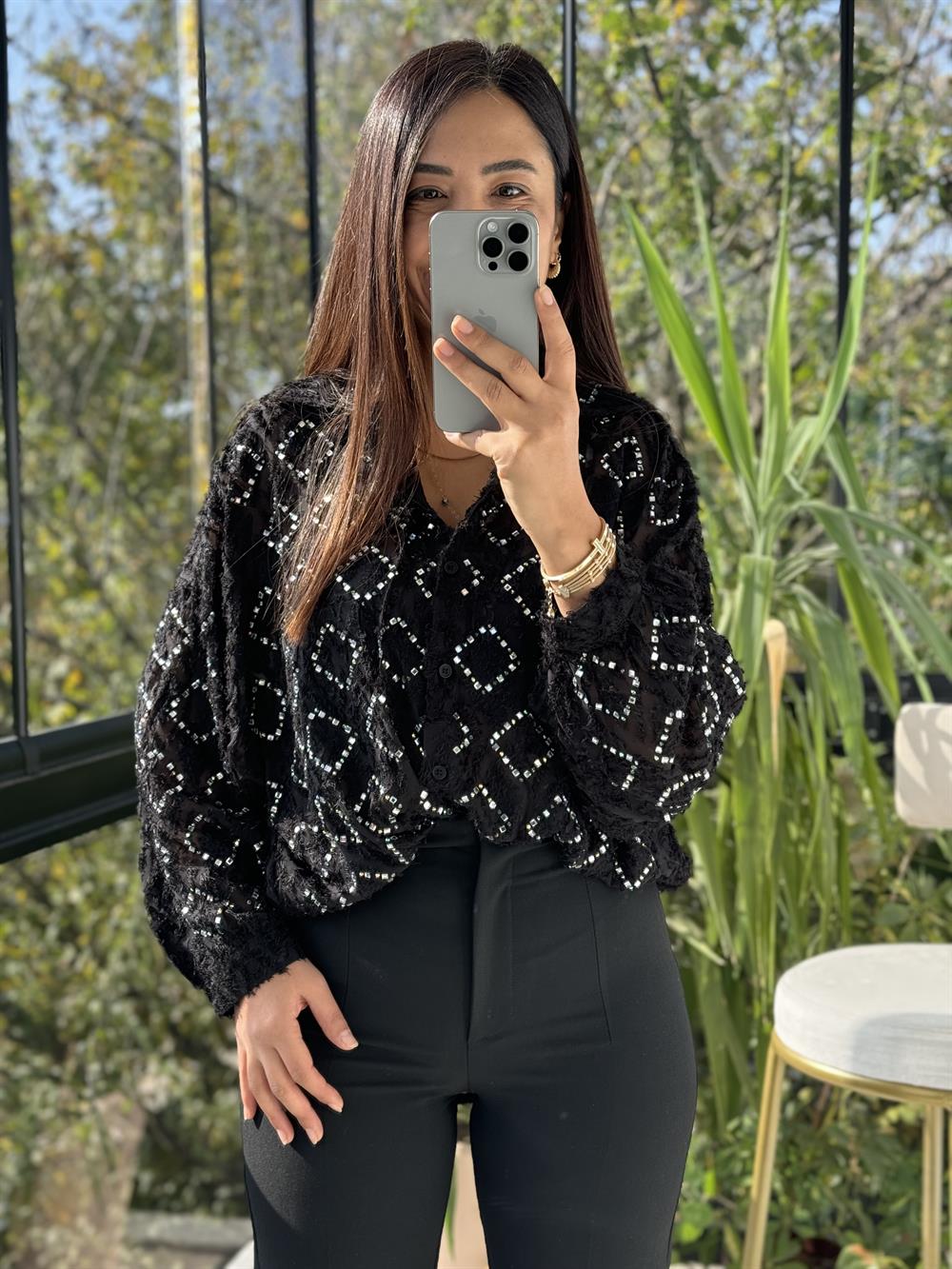 İthal Taşlı Sakallı Gömlek Siyah