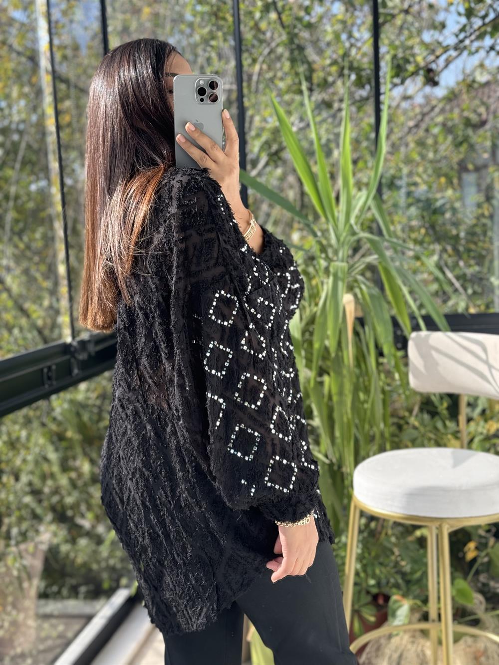 İthal Taşlı Sakallı Gömlek Siyah