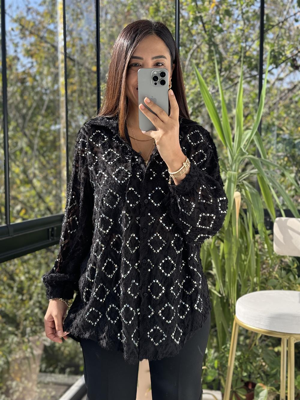 İthal Taşlı Sakallı Gömlek Siyah