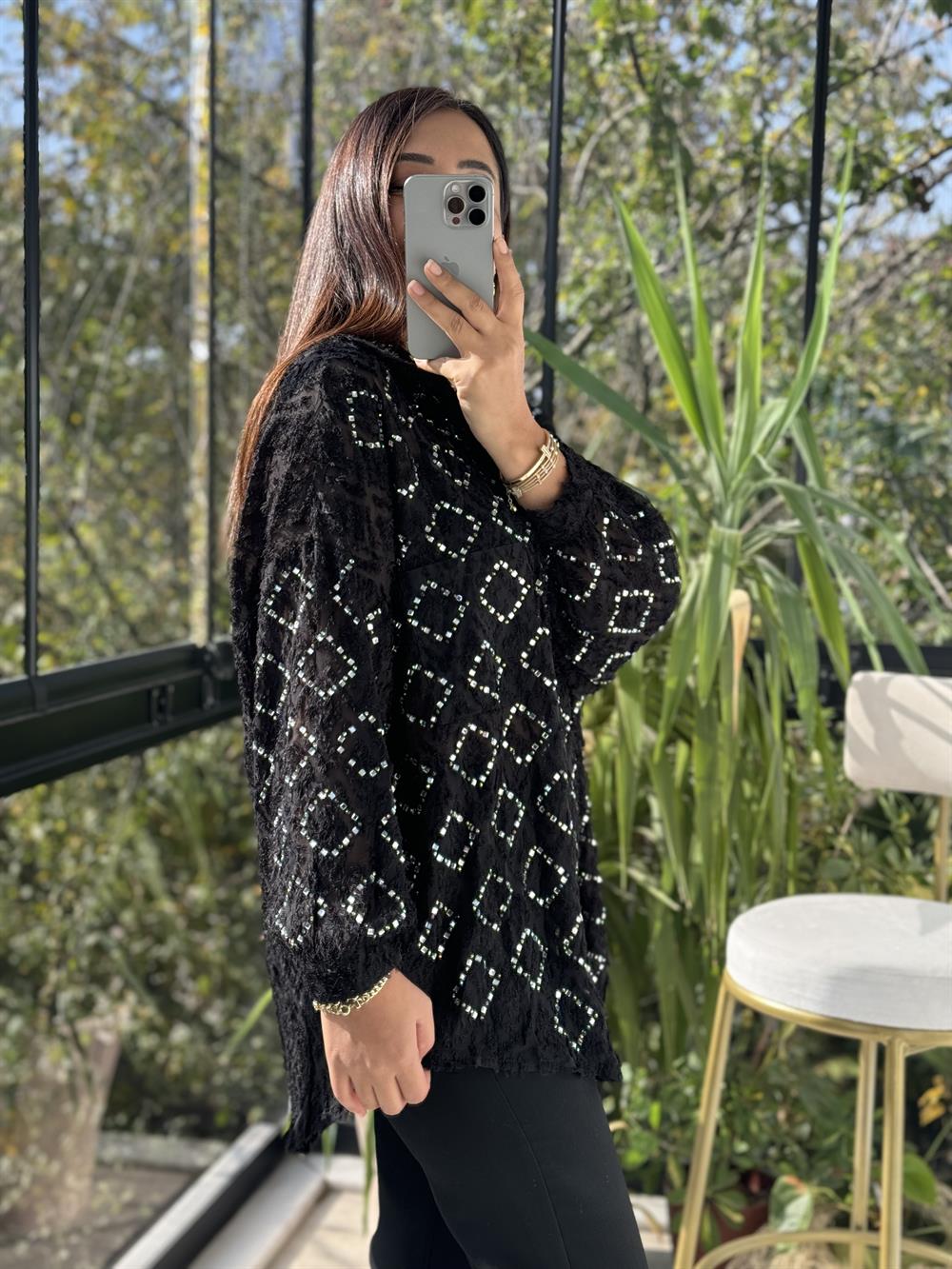 İthal Taşlı Sakallı Gömlek Siyah