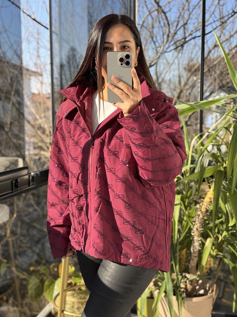 İthal Taşlı Şişme Mont Bordo