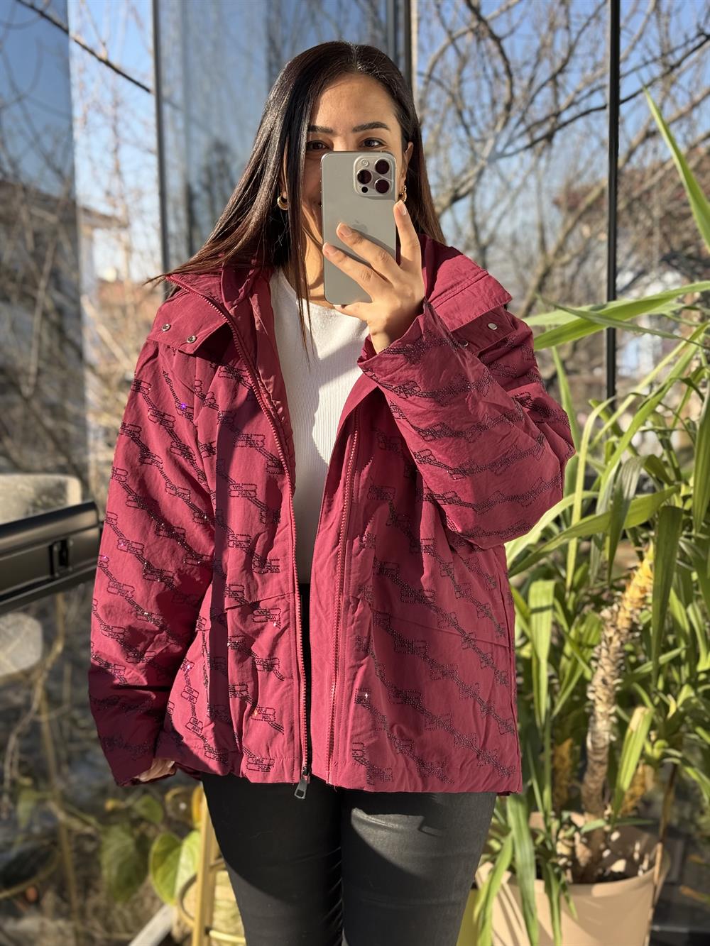 İthal Taşlı Şişme Mont Bordo