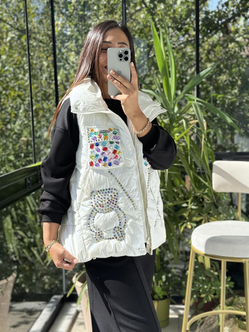 İthal Taşlı Şişme Yelek Beyaz