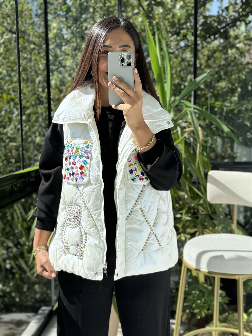 İthal Taşlı Şişme Yelek Beyaz