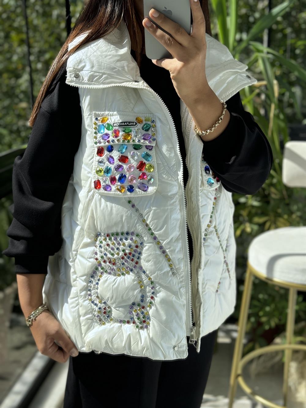 İthal Taşlı Şişme Yelek Beyaz