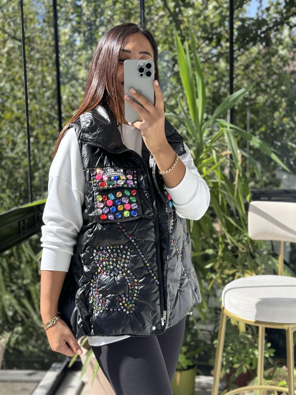 İthal Taşlı Şişme Yelek Siyah