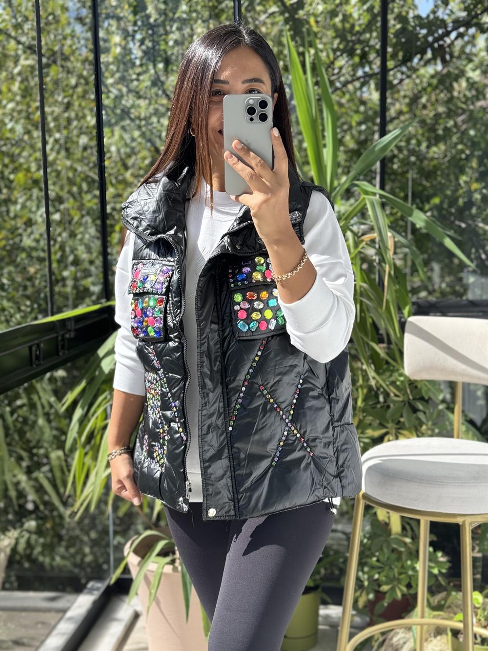 İthal Taşlı Şişme Yelek Siyah