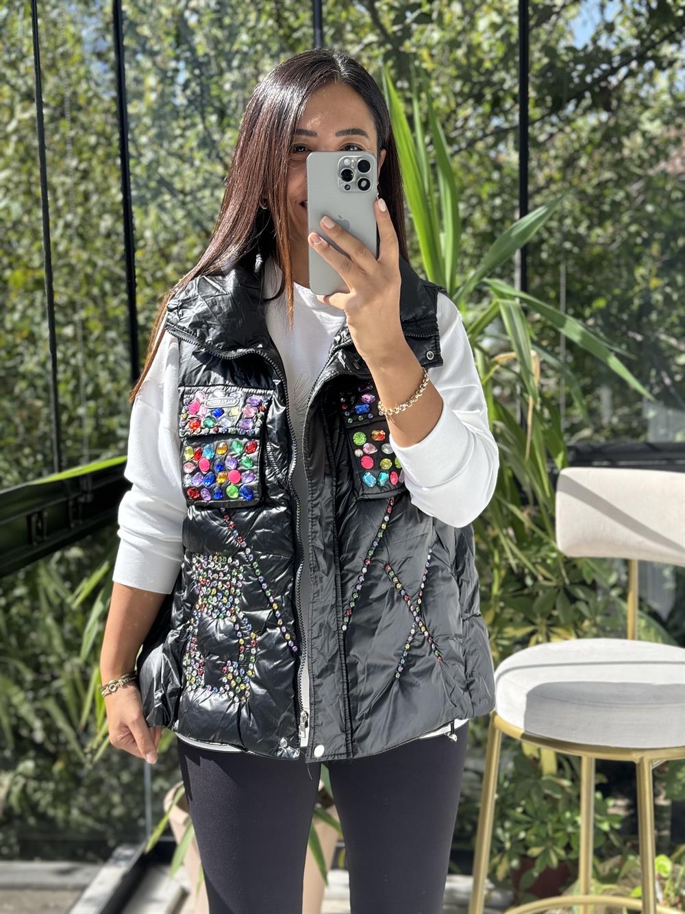 İthal Taşlı Şişme Yelek Siyah