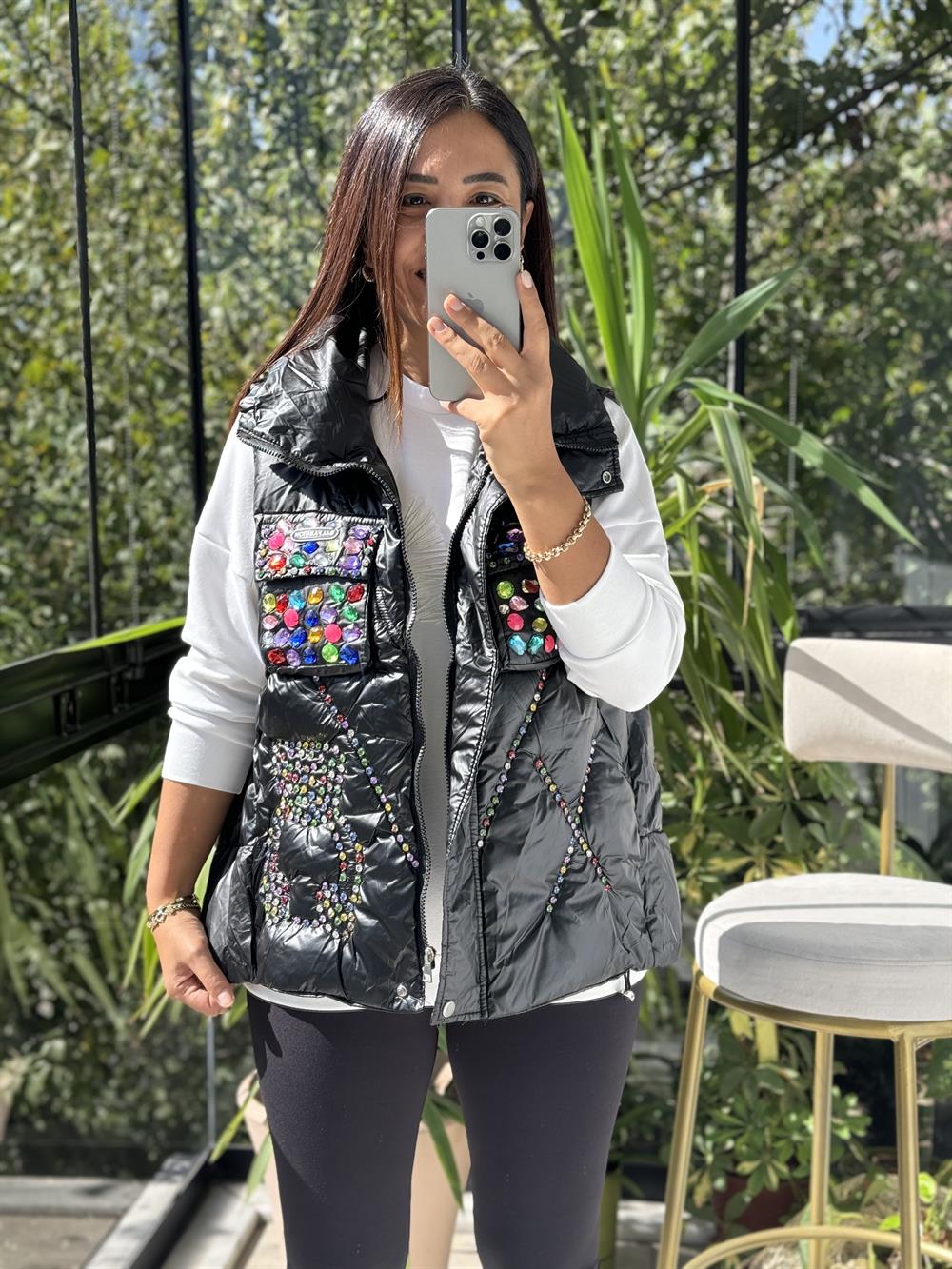 İthal Taşlı Şişme Yelek Siyah