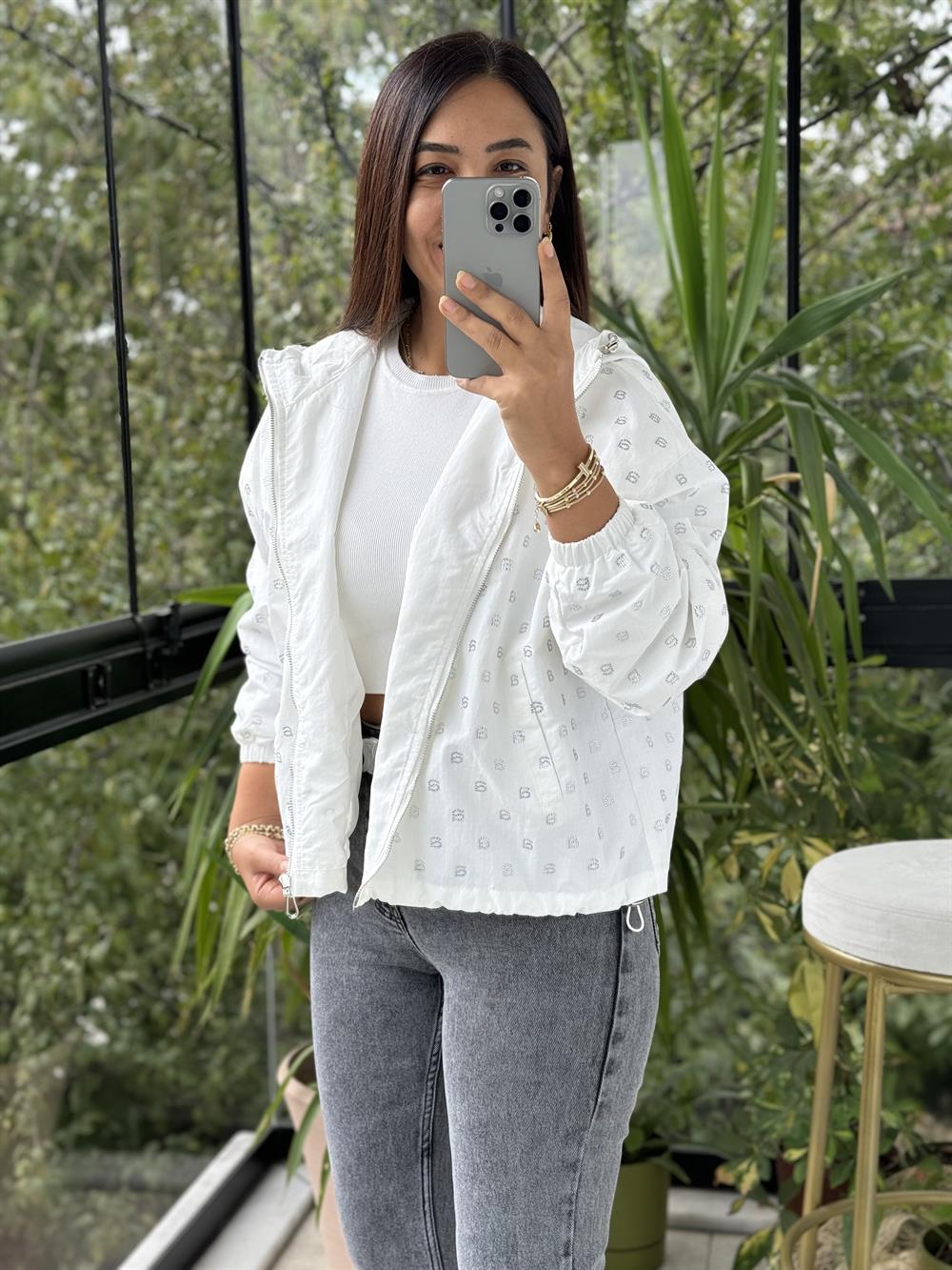 İthal Taşlı Trenç Beyaz