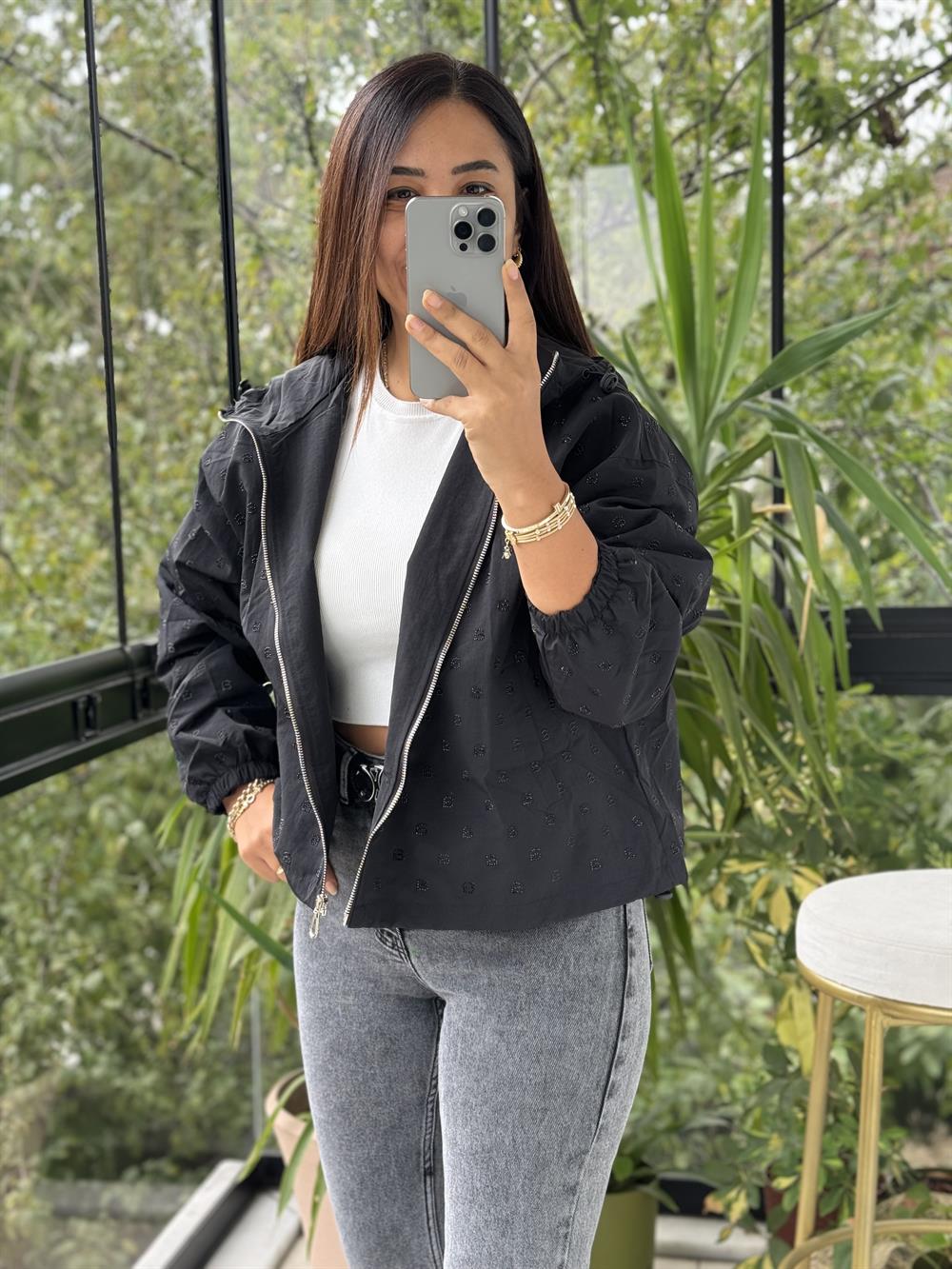 İthal Taşlı Trenç Siyah