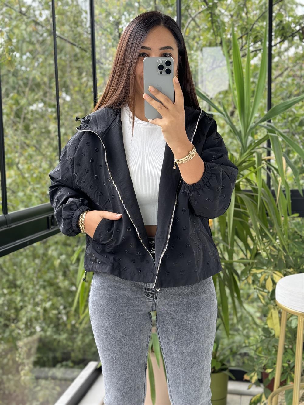 İthal Taşlı Trenç Siyah