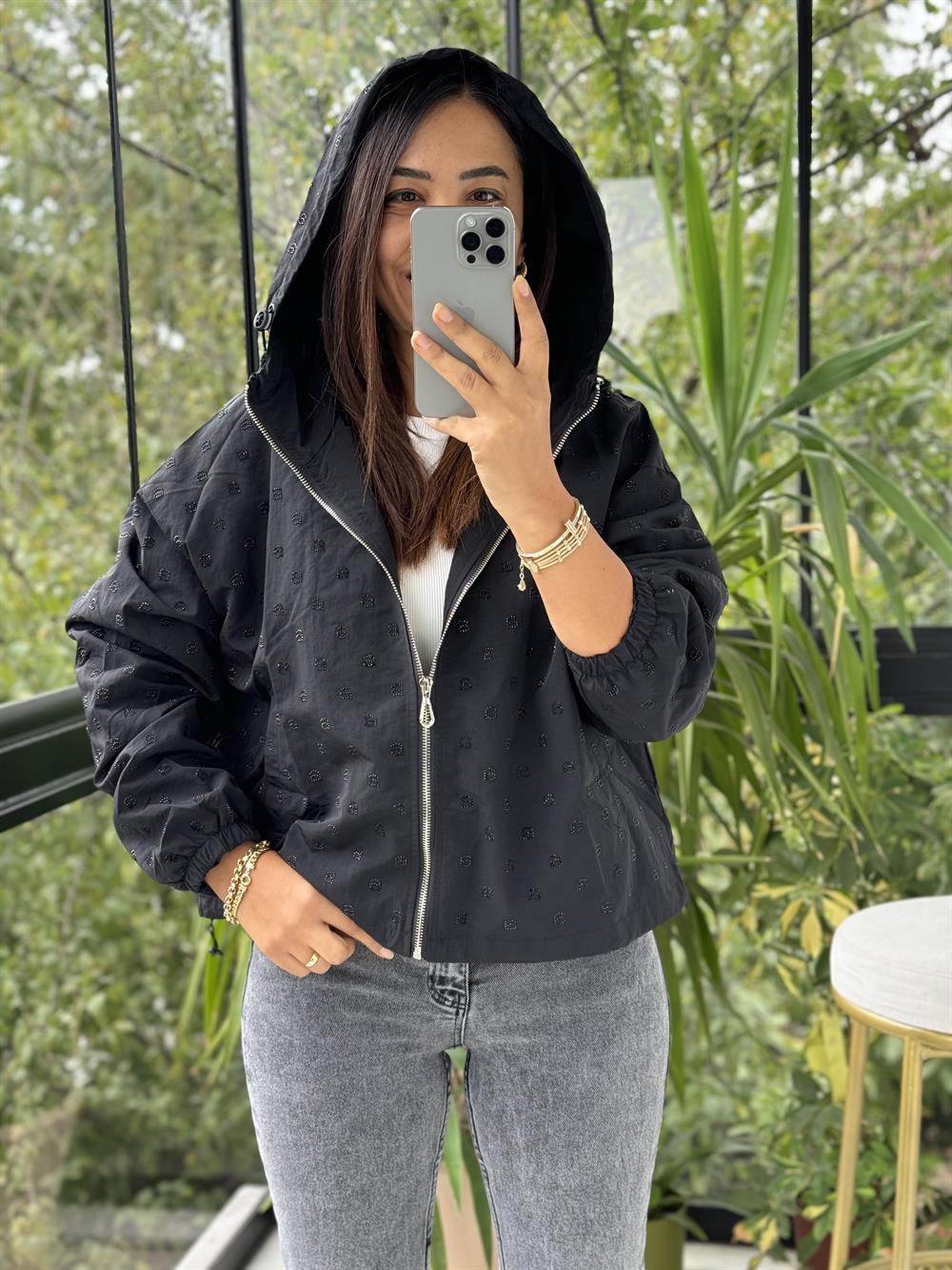 İthal Taşlı Trenç Siyah