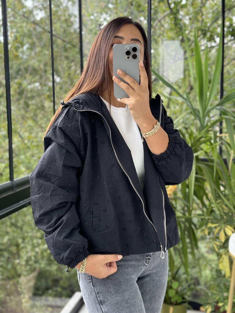 İthal Taşlı Trenç Siyah