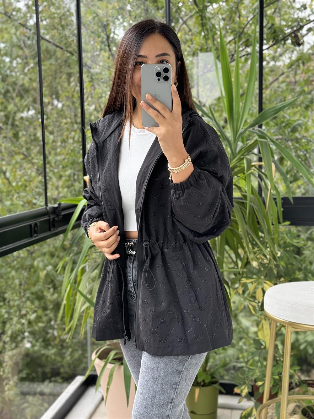 İthal Taşlı Trenç Uzun  Siyah