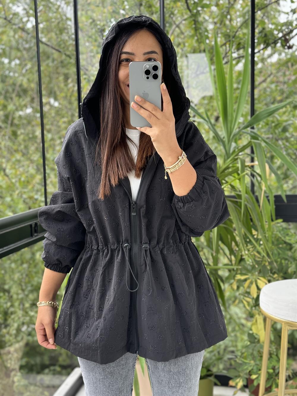 İthal Taşlı Trenç Uzun  Siyah