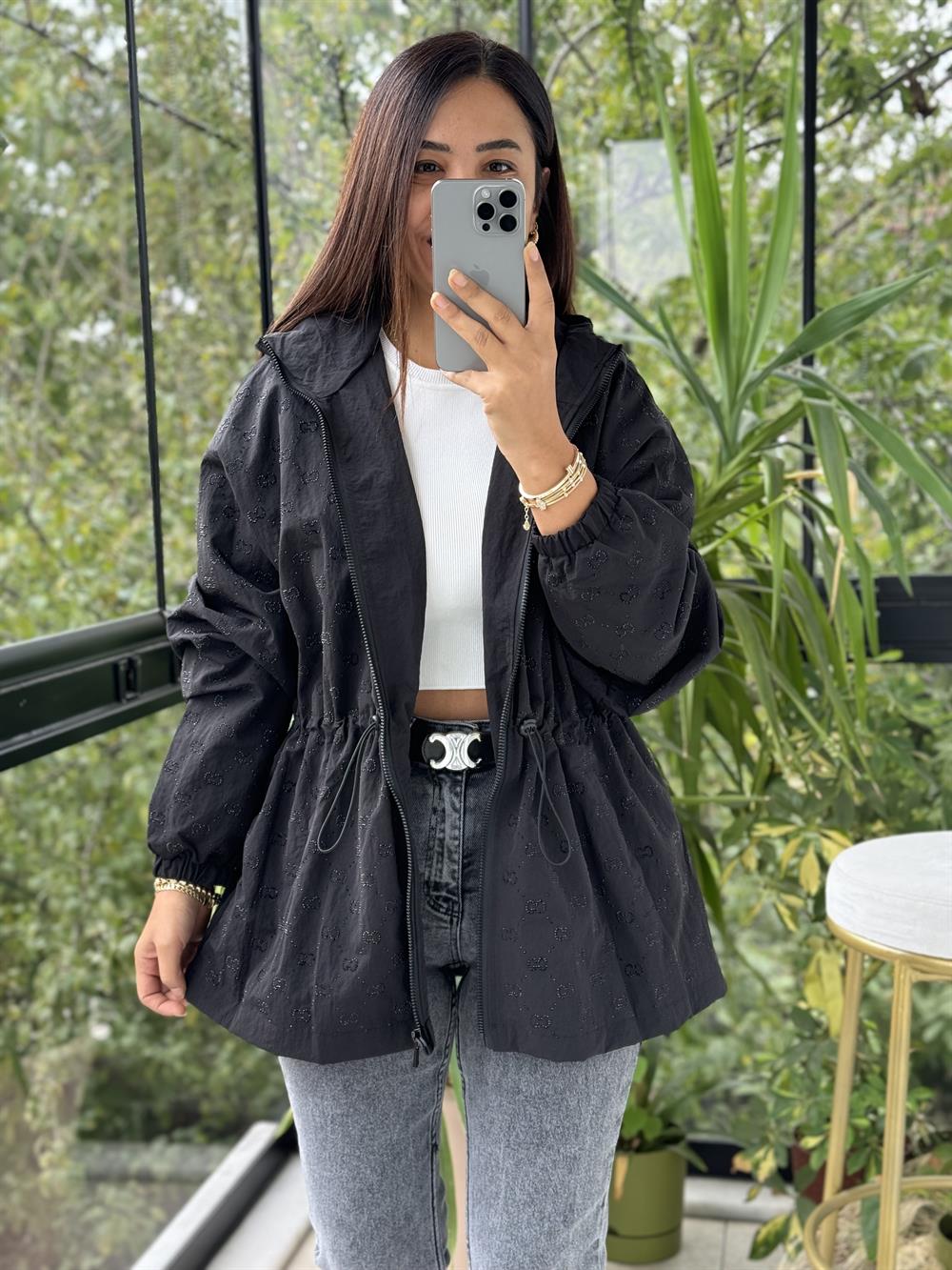 İthal Taşlı Trenç Uzun  Siyah