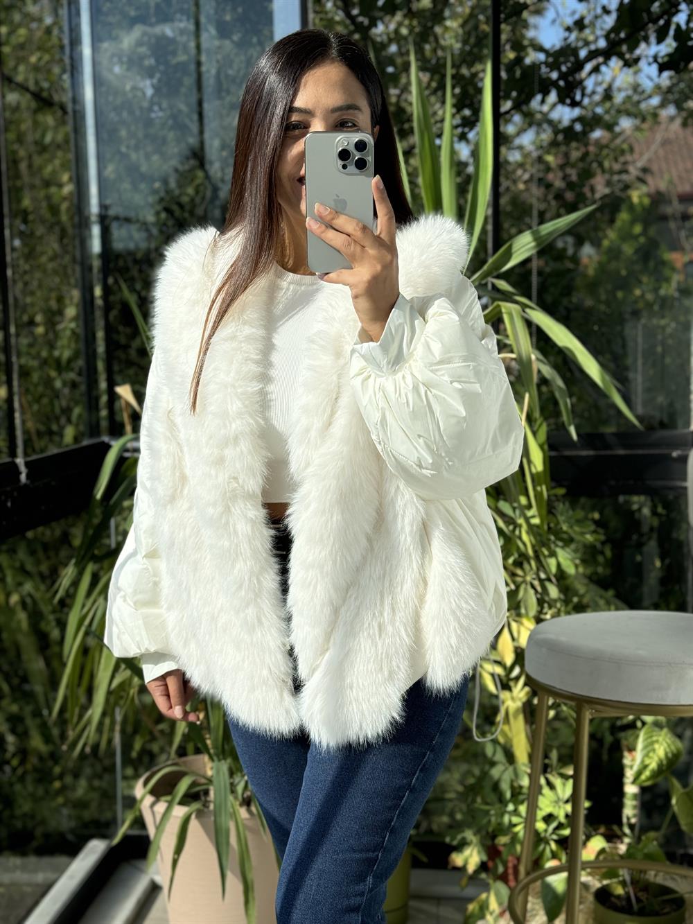 İthal Tüylü Mont Beyaz