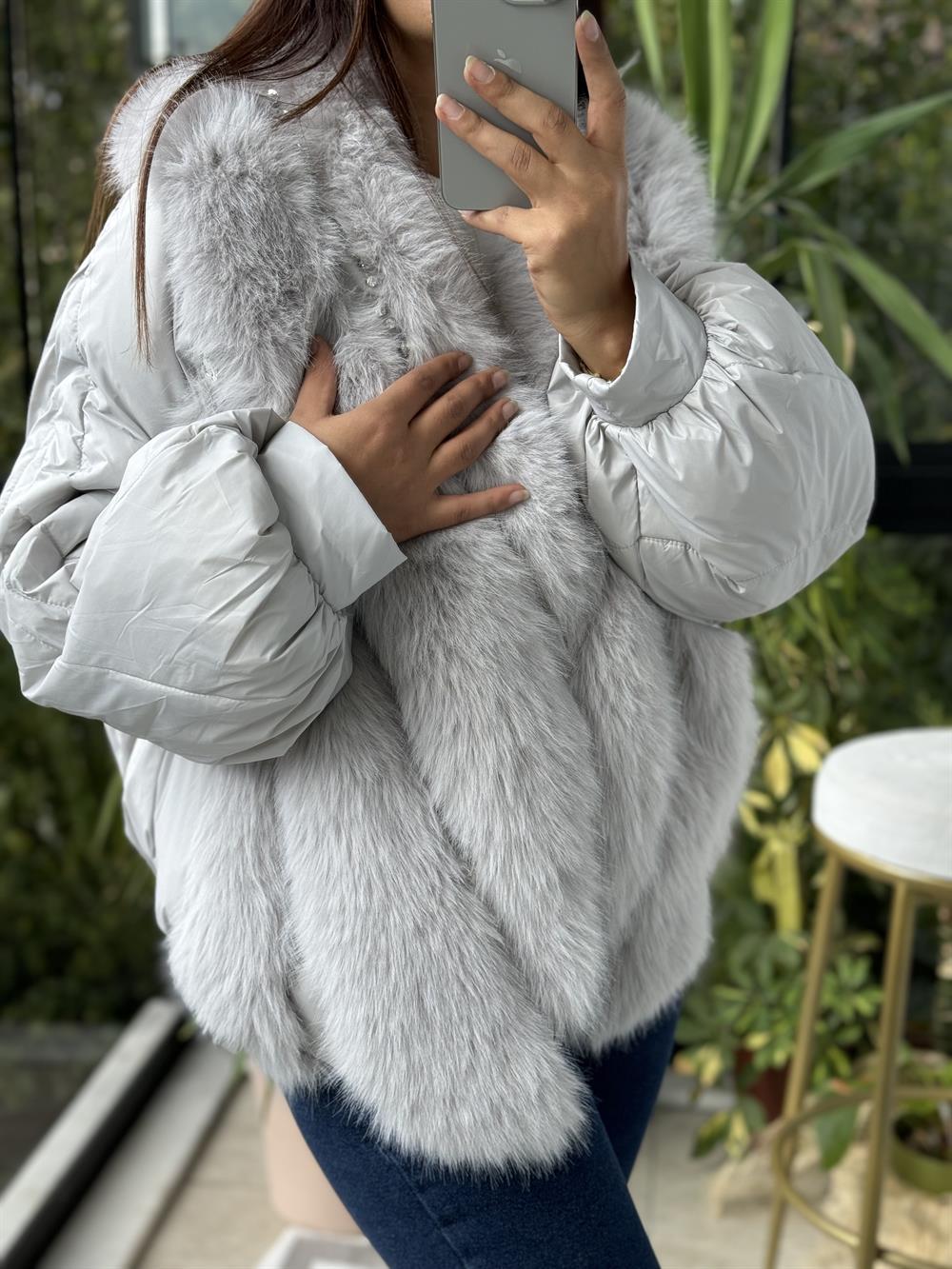 İthal Tüylü Mont Gri