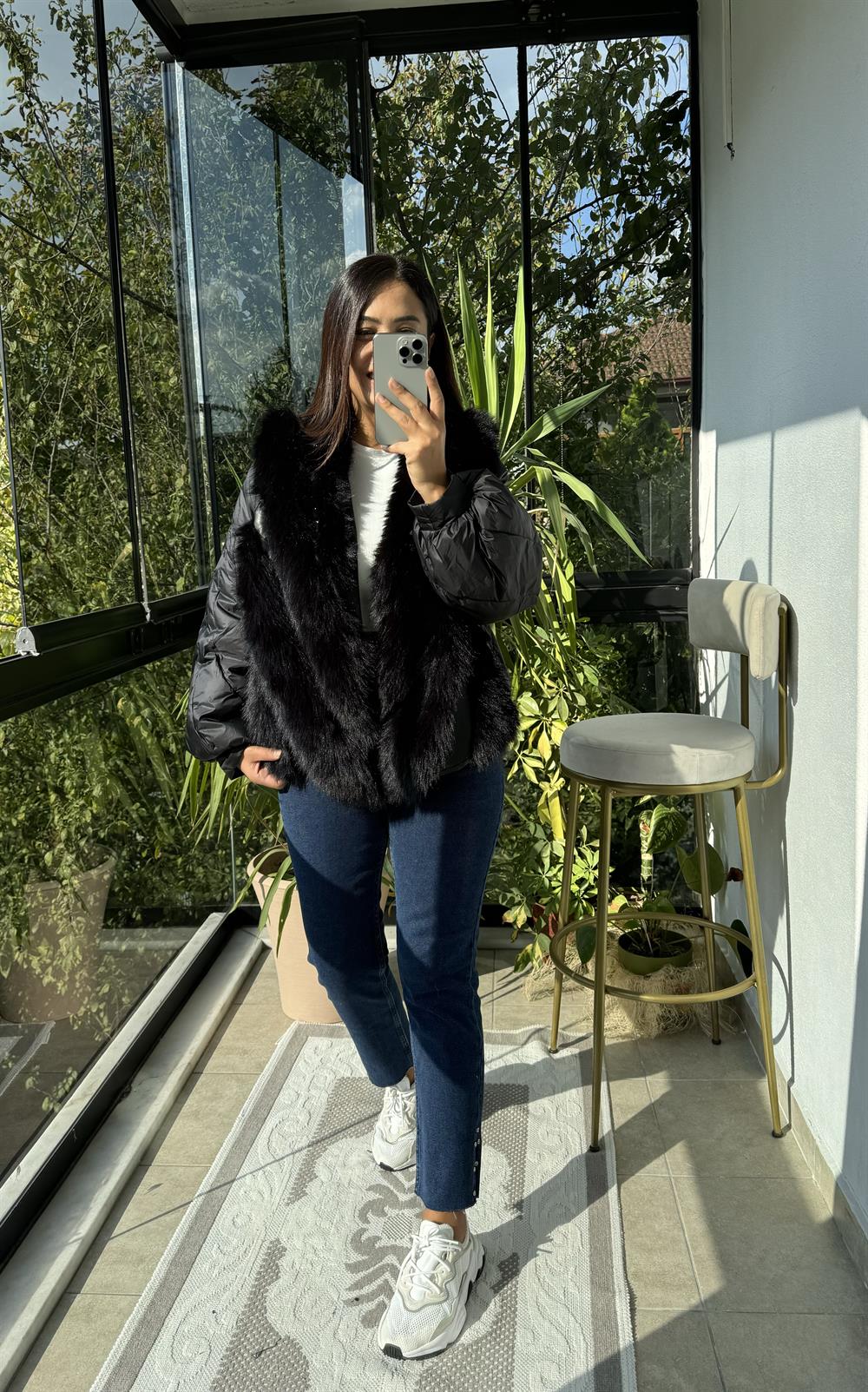 İthal Tüylü Mont Siyah