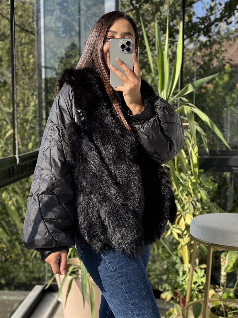 İthal Tüylü Mont Siyah