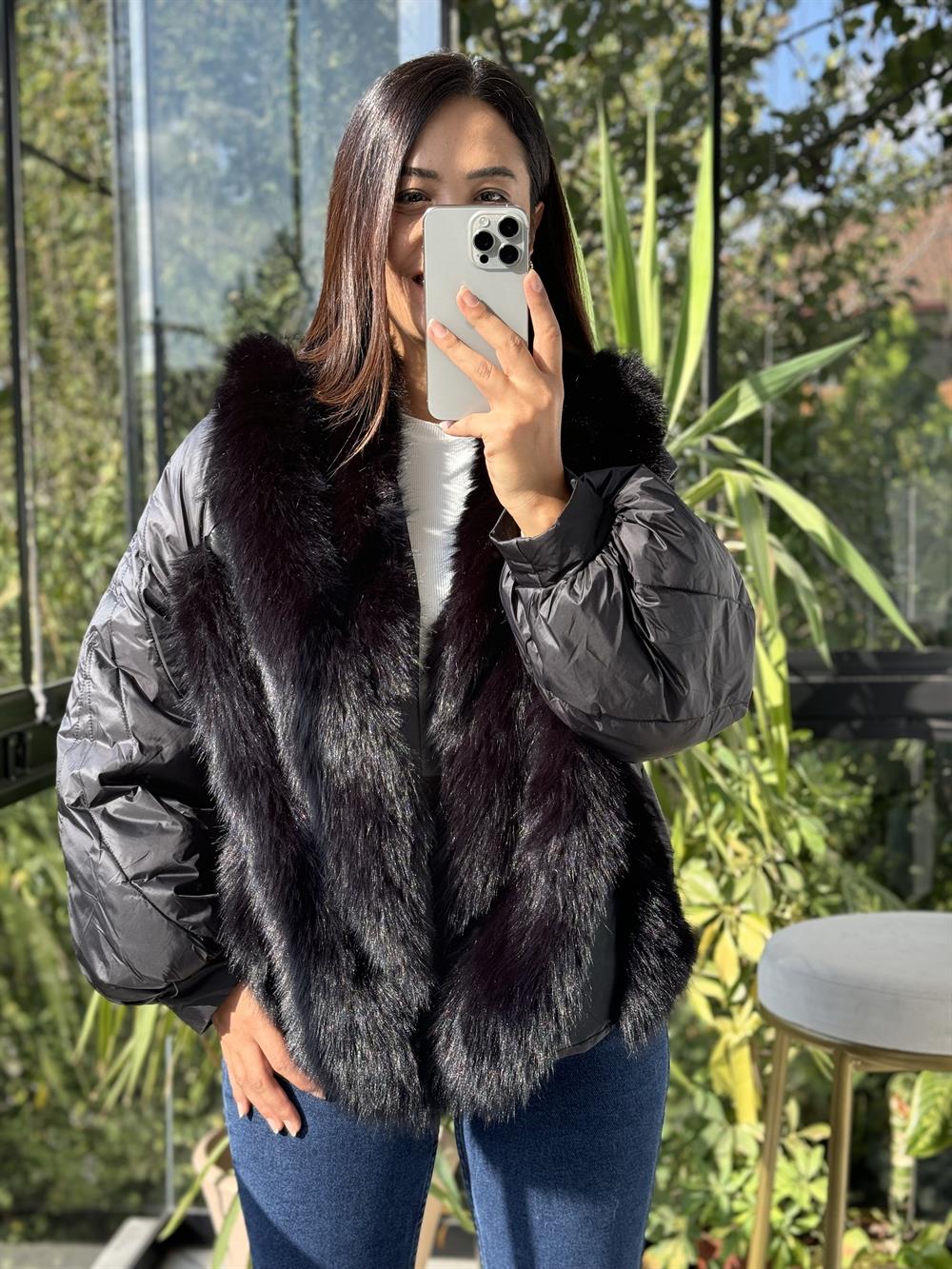 İthal Tüylü Mont Siyah