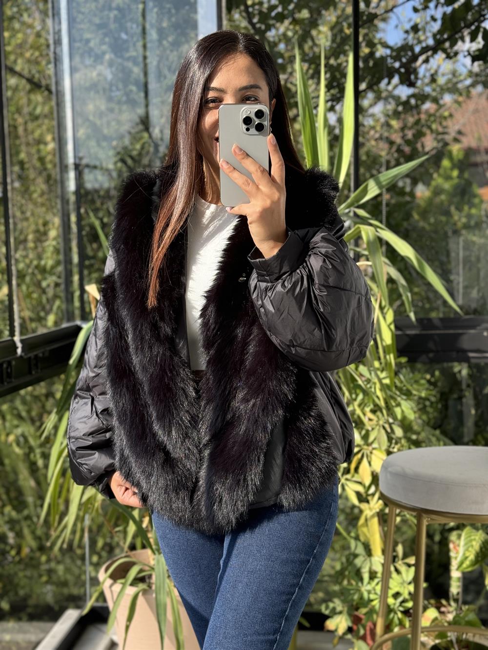 İthal Tüylü Mont Siyah