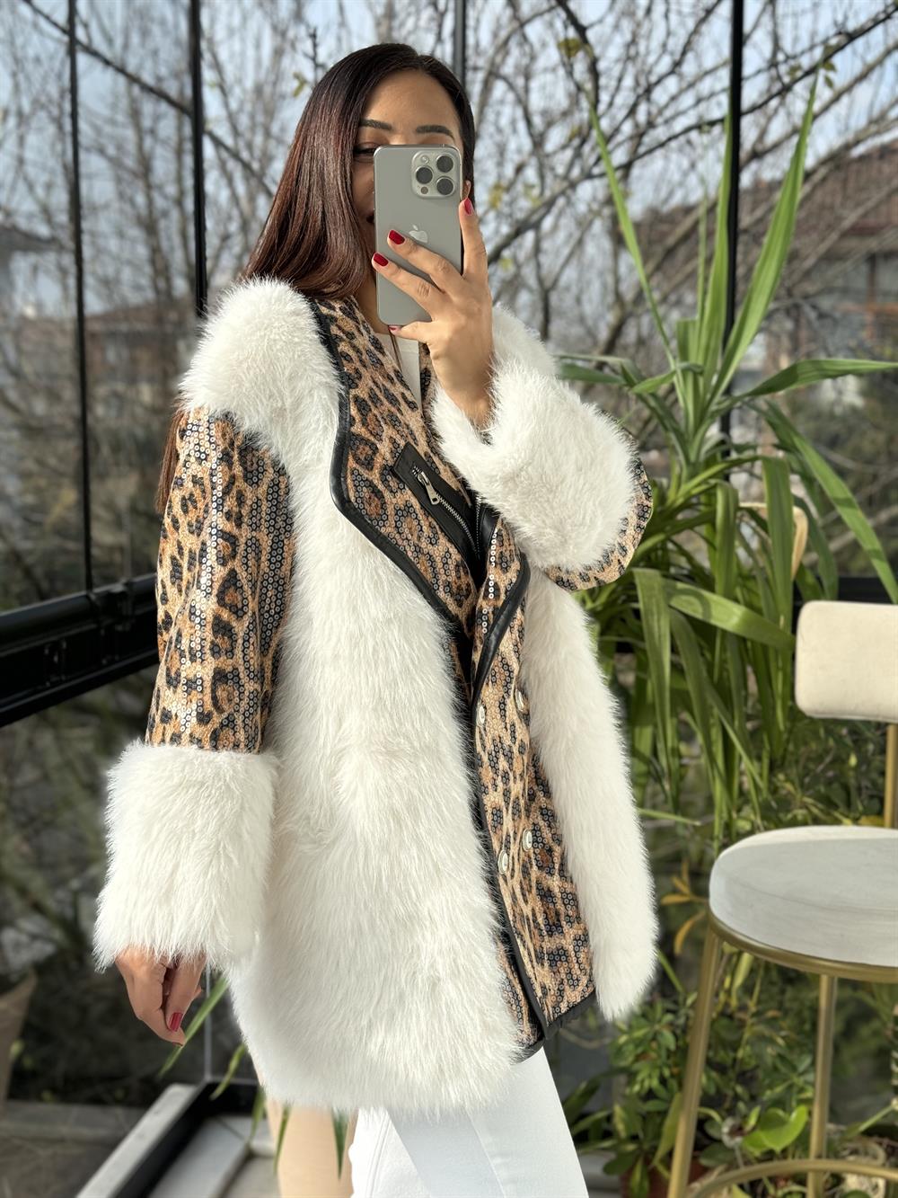 İthal Yakası Fermuar Detaylı Payetli Kürk Leopar
