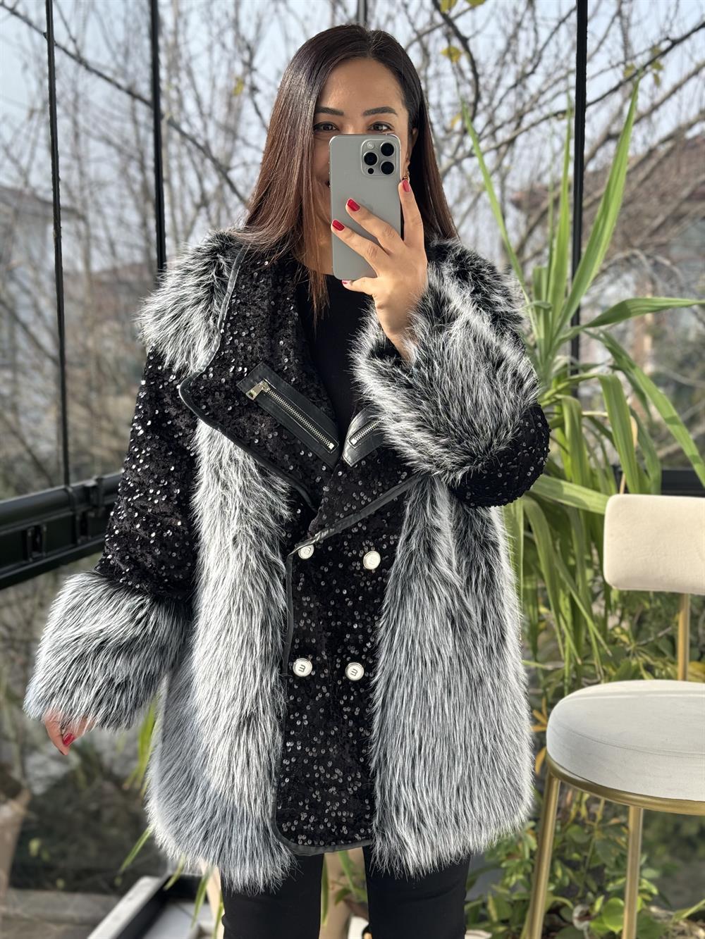 İthal Yakası Fermuar Detaylı Payetli Kürk Gri