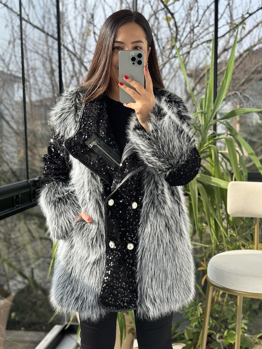 İthal Yakası Fermuar Detaylı Payetli Kürk Gri