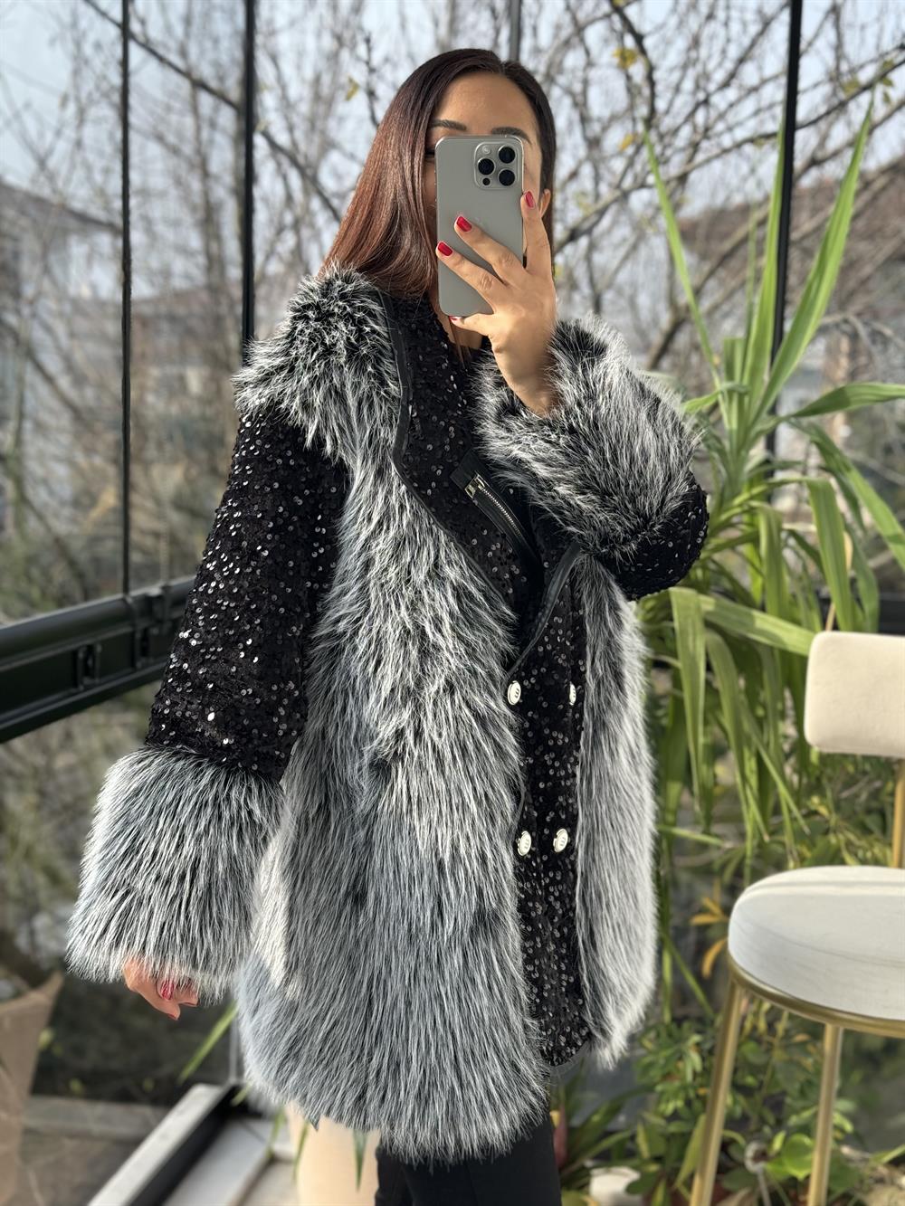 İthal Yakası Fermuar Detaylı Payetli Kürk Gri