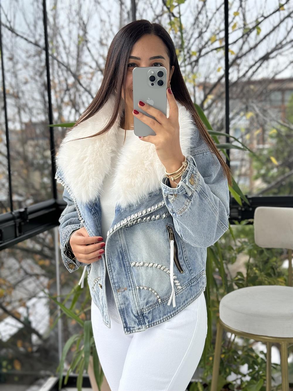 İthal Yakası Kürklü Taşlı Fermuarlı Kürk Mont Mavi