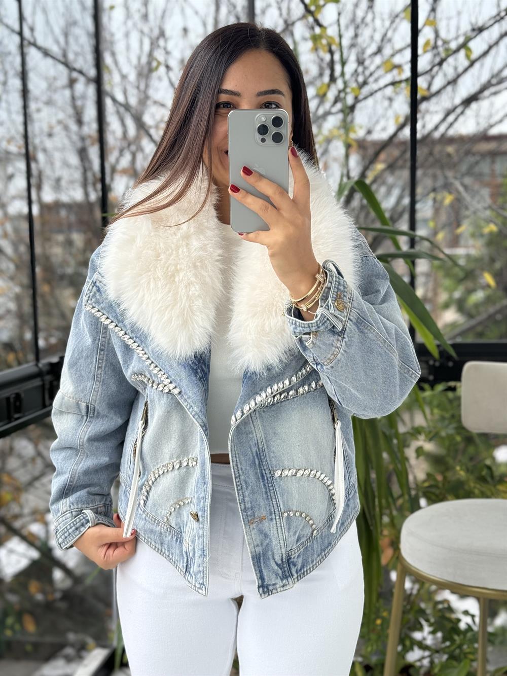 İthal Yakası Kürklü Taşlı Fermuarlı Kürk Mont Mavi