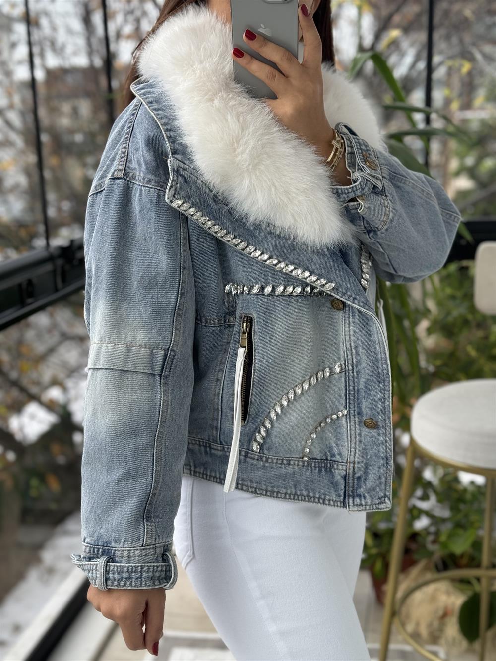 İthal Yakası Kürklü Taşlı Fermuarlı Kürk Mont Mavi