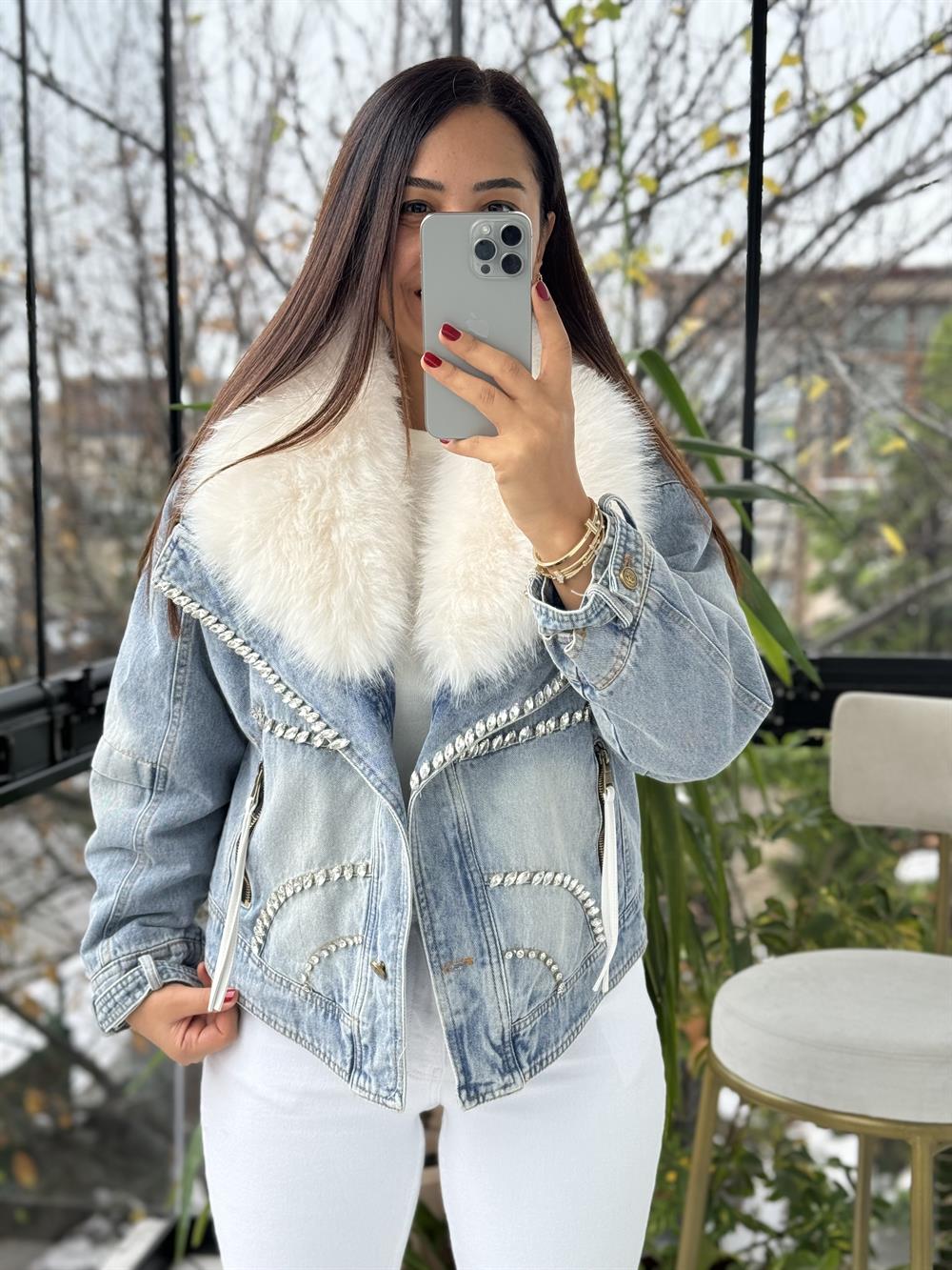 İthal Yakası Kürklü Taşlı Fermuarlı Kürk Mont Mavi