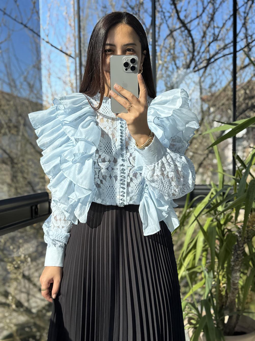 İthal Yanları Fırfırlı Bluz Bebe Mavi