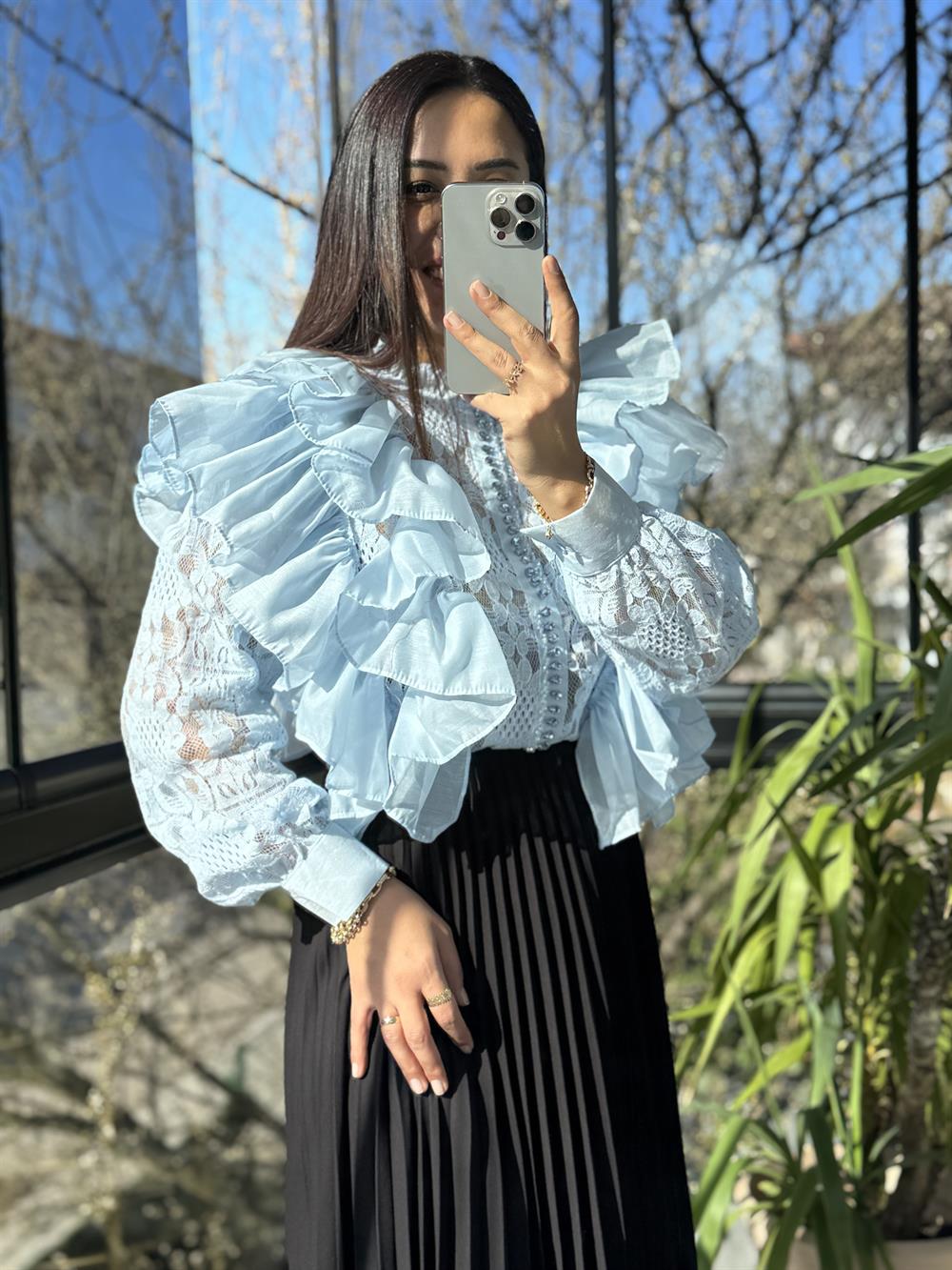 İthal Yanları Fırfırlı Bluz Bebe Mavi