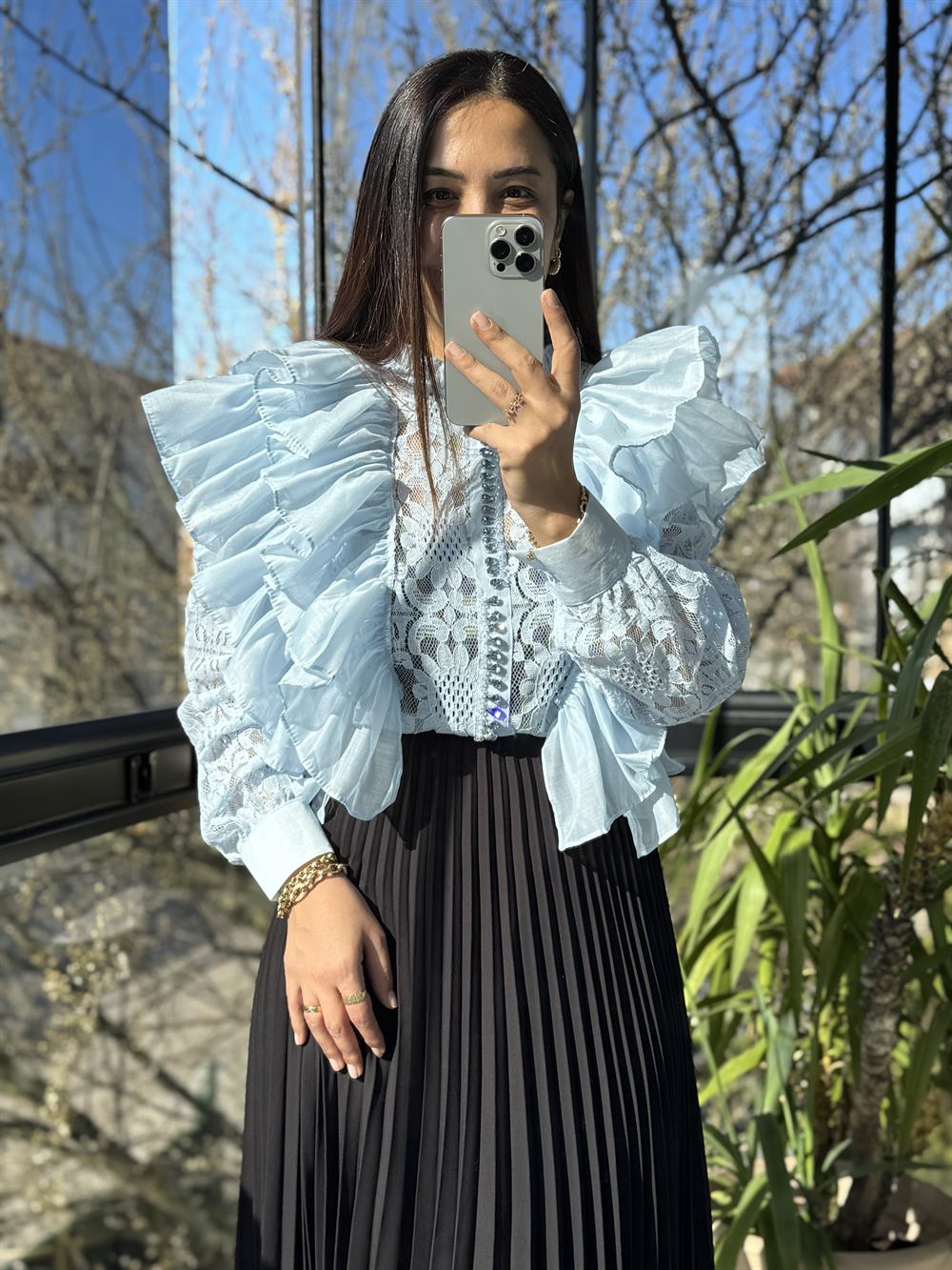 İthal Yanları Fırfırlı Bluz Bebe Mavi