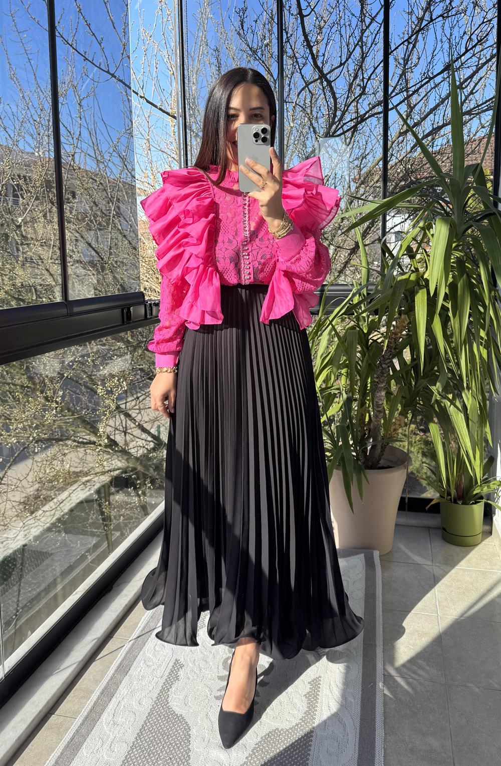 İthal Yanları Fırfırlı Bluz Fuşya