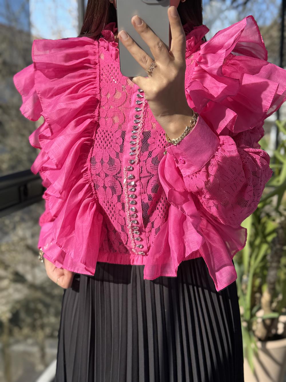 İthal Yanları Fırfırlı Bluz Fuşya