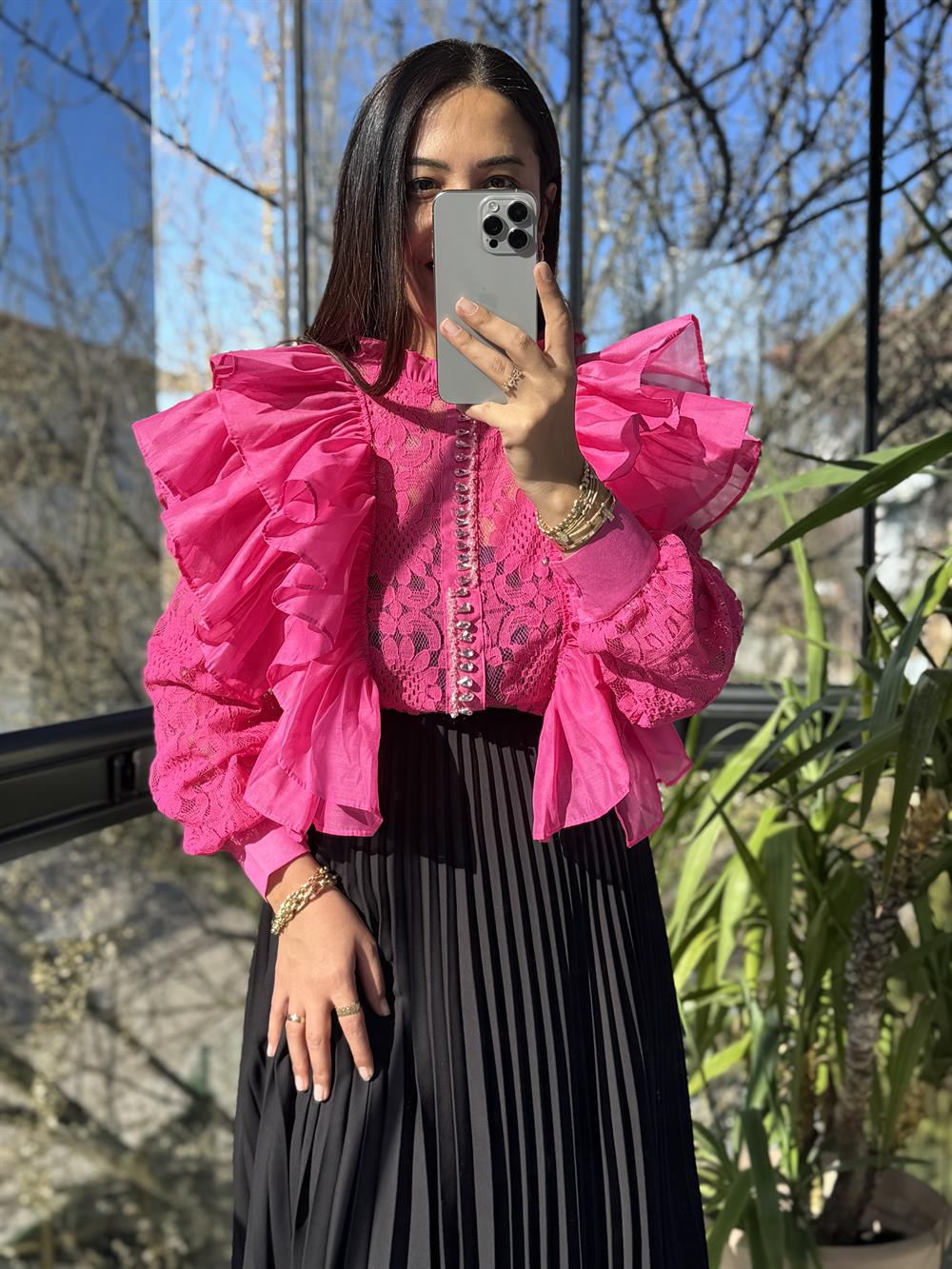 İthal Yanları Fırfırlı Bluz Fuşya