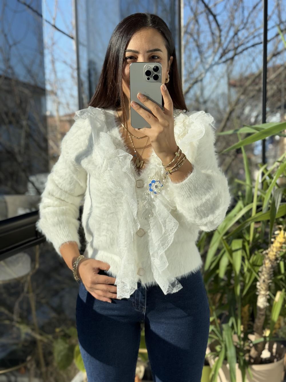 İthal Yarım Güllü İncili Hırka Beyaz