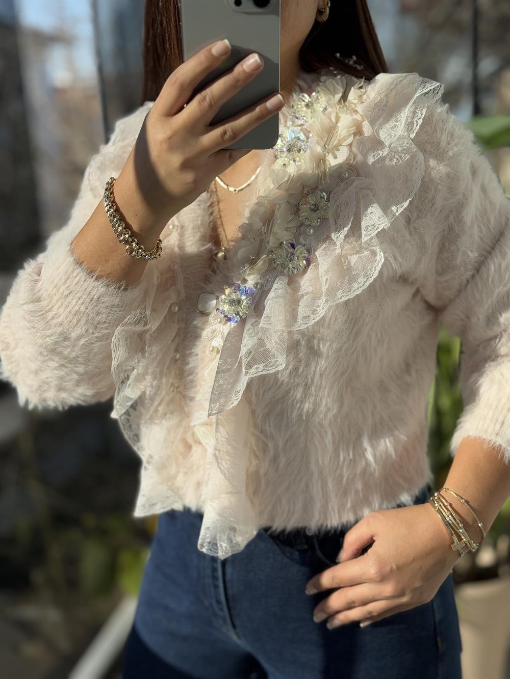 İthal Yarım Güllü İncili Hırka Pembe