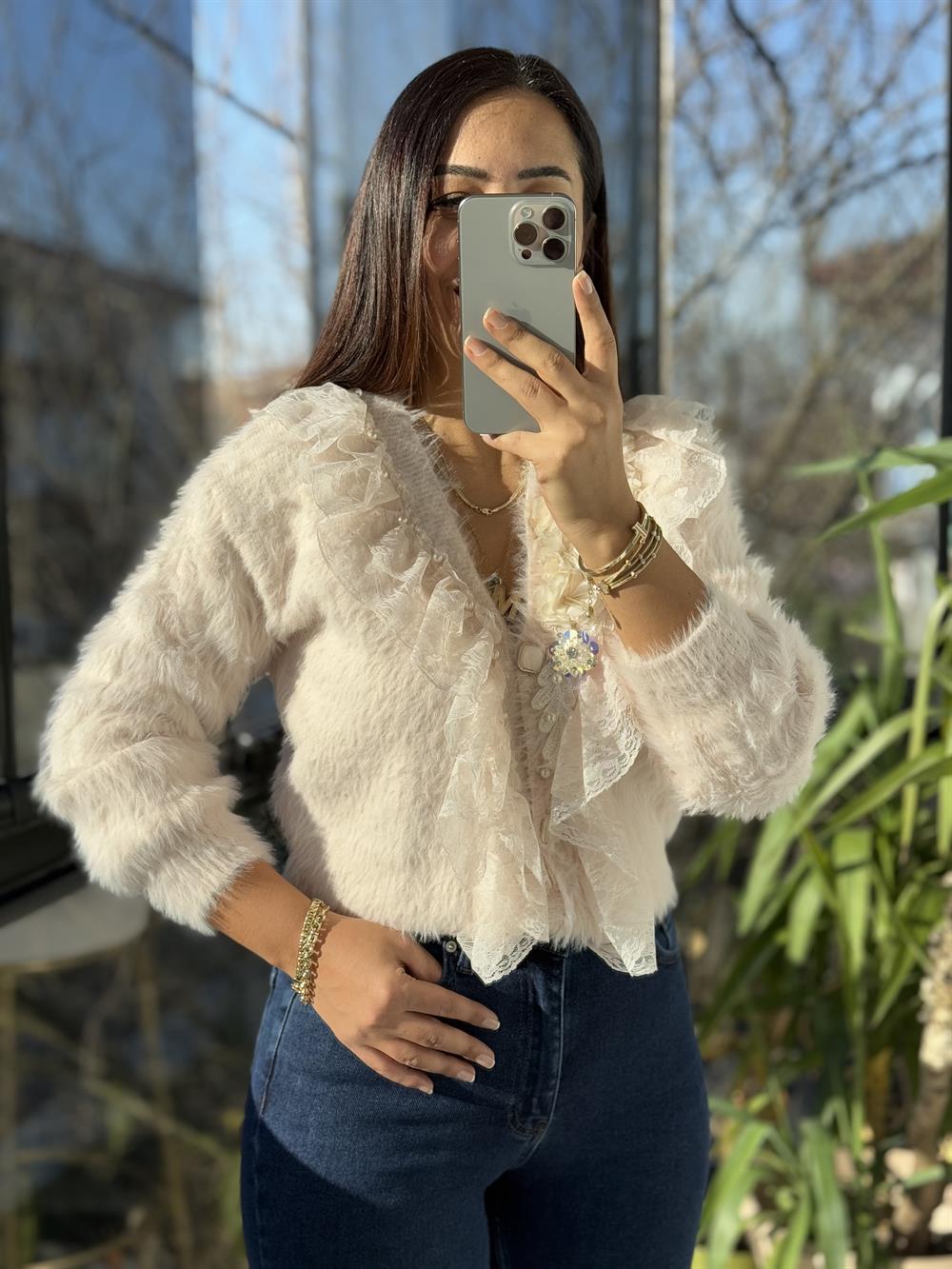 İthal Yarım Güllü İncili Hırka Pembe