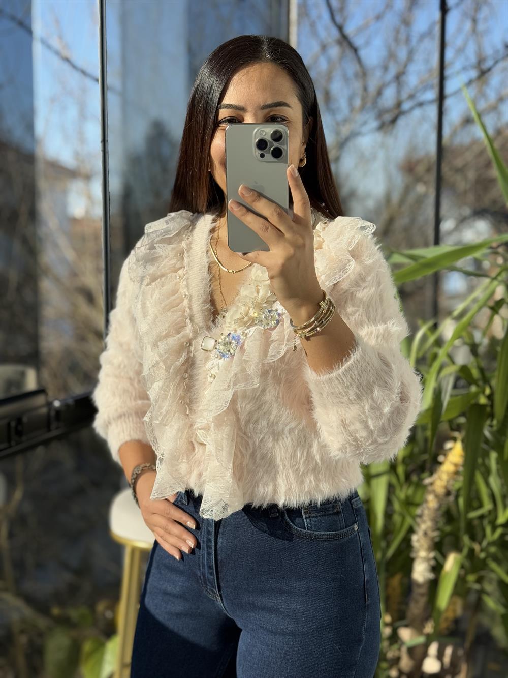 İthal Yarım Güllü İncili Hırka Pembe