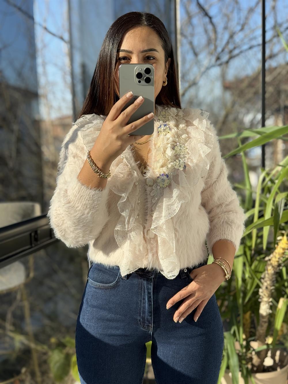 İthal Yarım Güllü İncili Hırka Pembe