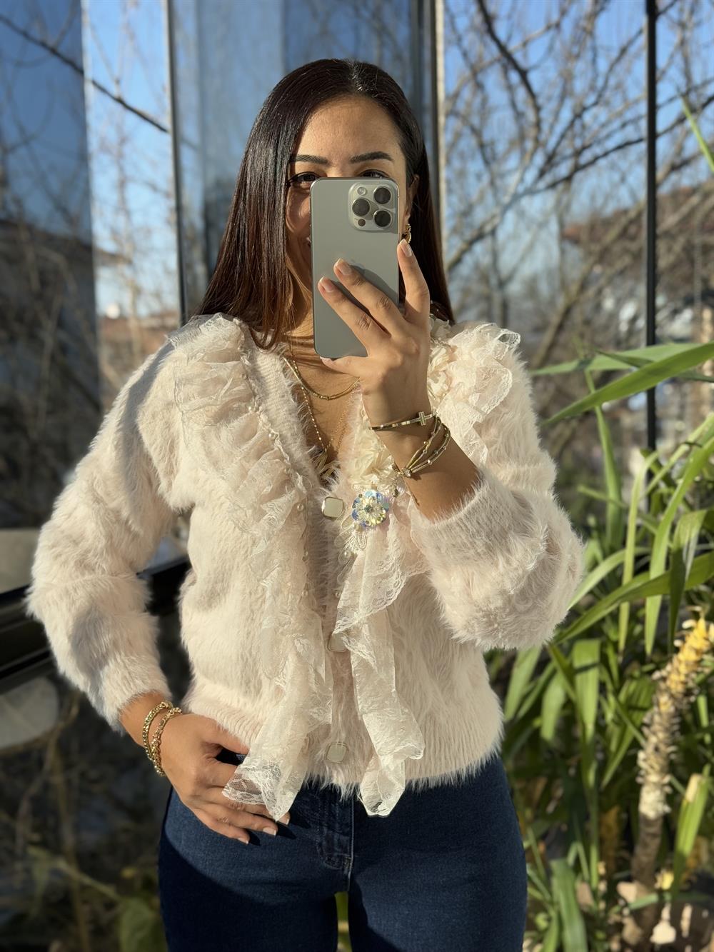 İthal Yarım Güllü İncili Hırka Pembe