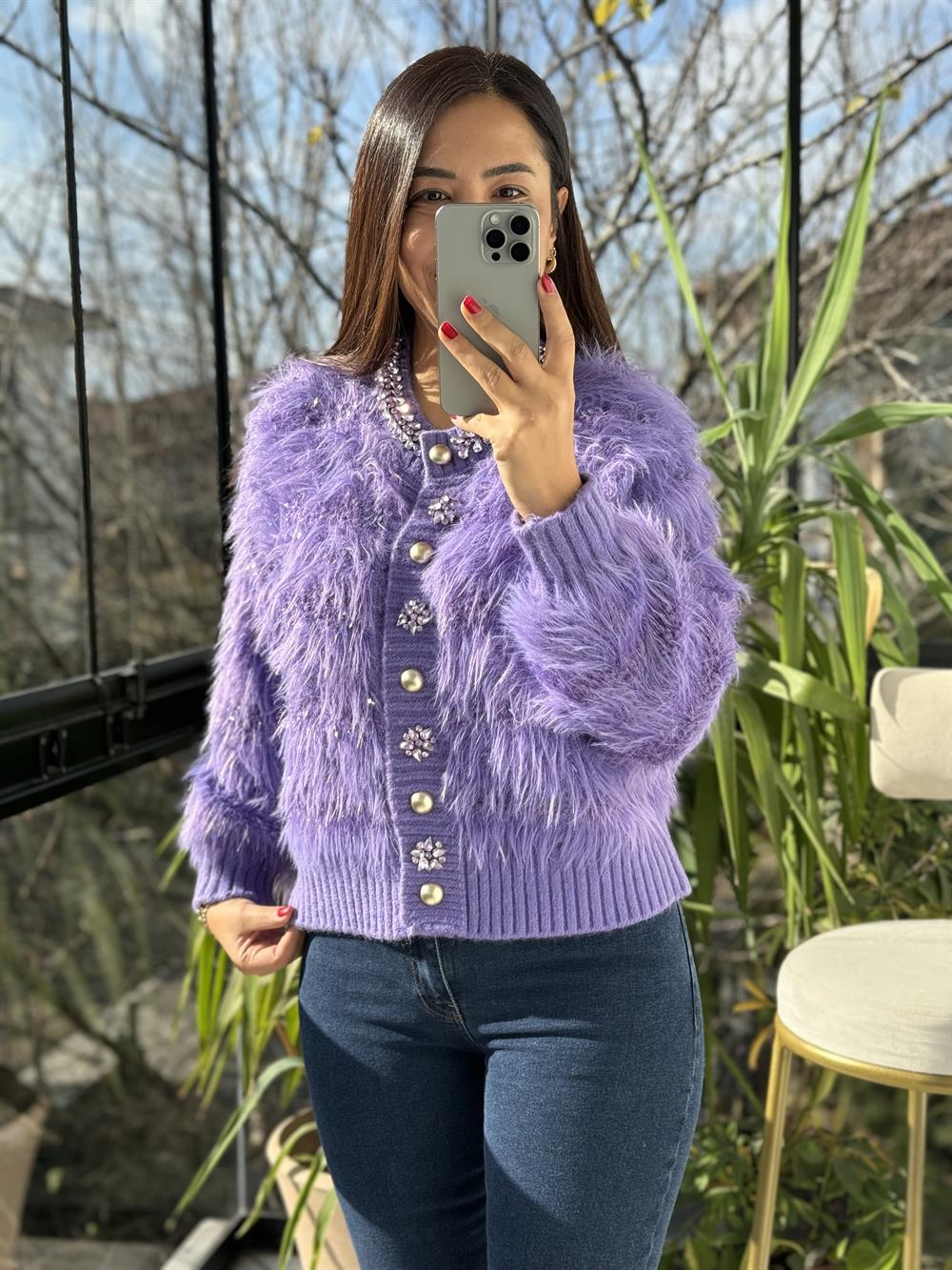 İthal Yün Taşlı Hırka Mor