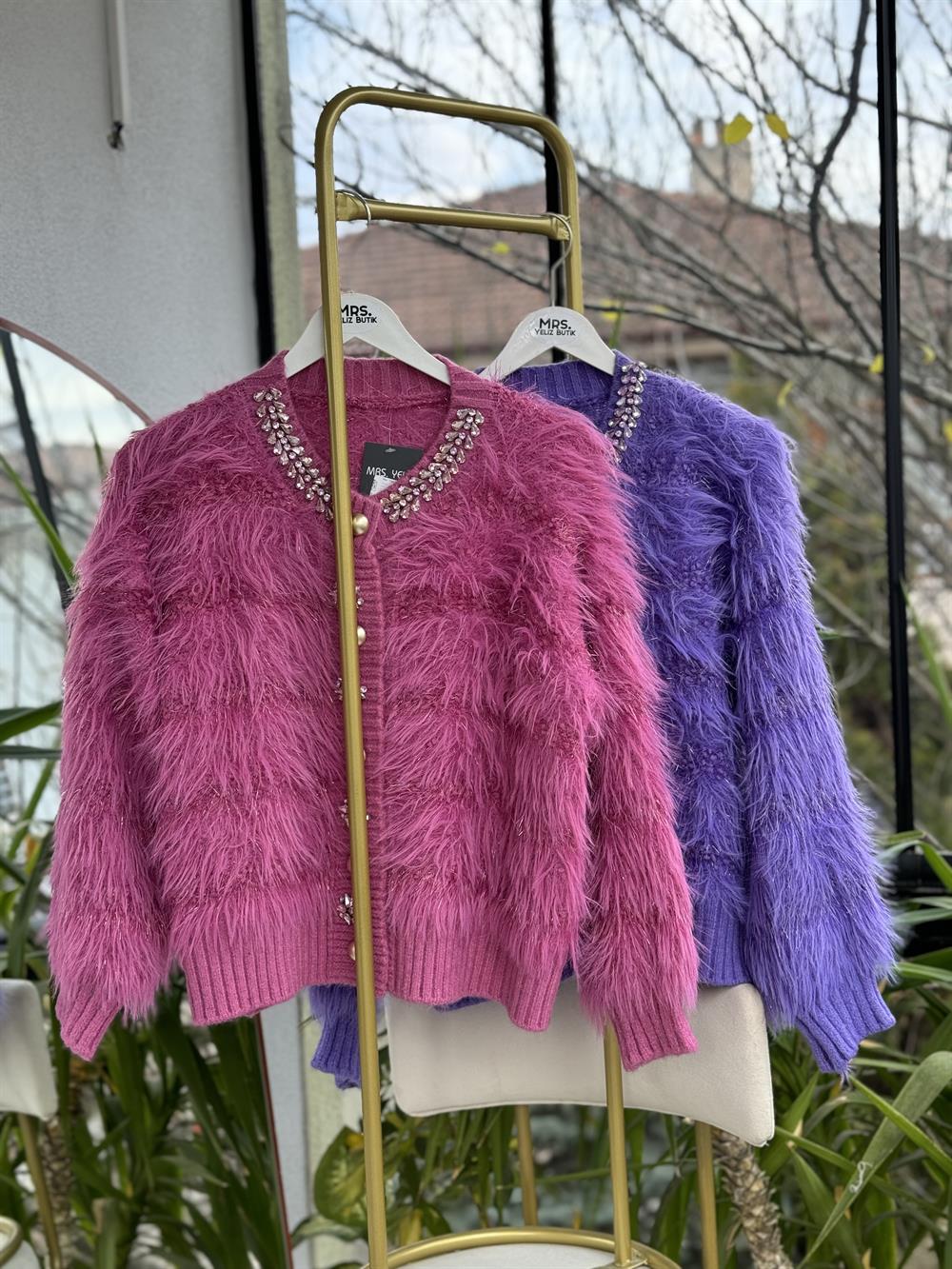 İthal Yün Taşlı Hırka Mor