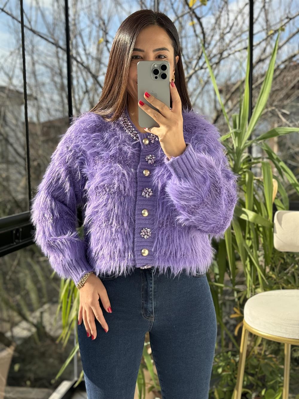 İthal Yün Taşlı Hırka Mor